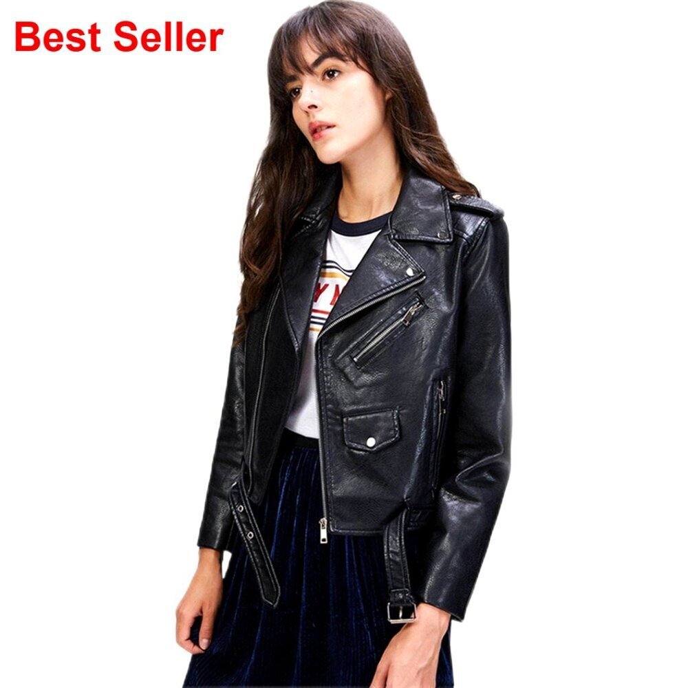 Faux Leather Motorcycle Jacket PU Slim Short Biker Coat